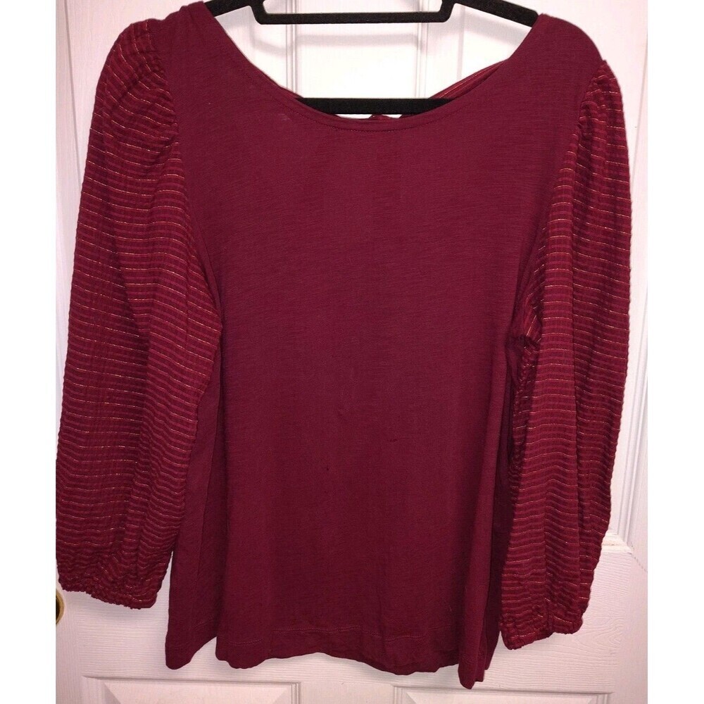 LOFT Burgundy Metallic Stripe Puff Sleeve Tie-Back Top - Size M